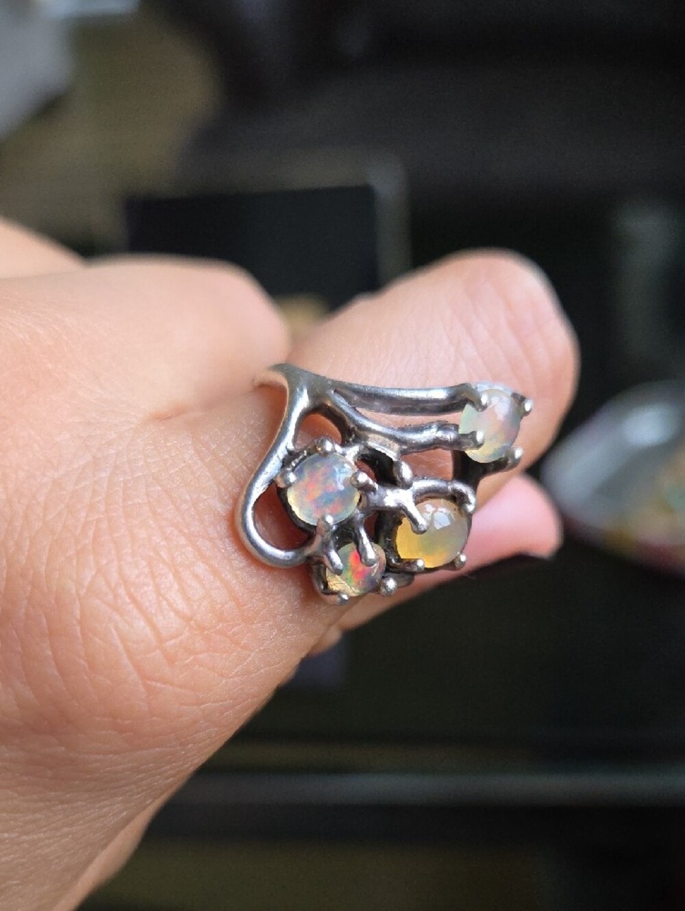 925 Silver Opal Cluster Ring - Yellow/White Opal - Picture 3 of 6